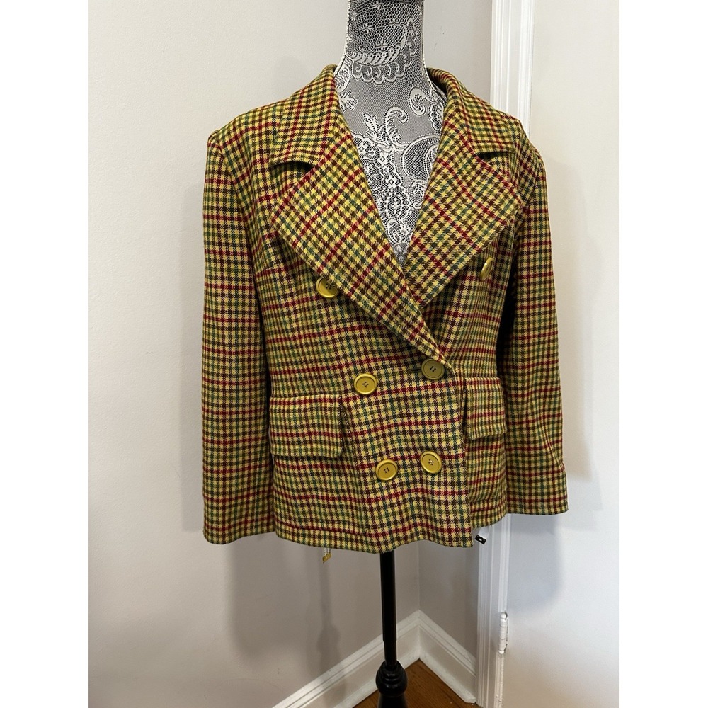 Givenchy Vintage 90s McQueen Plaid Silk Lurex Blazer Sz:44 Mustard Yellow Wool